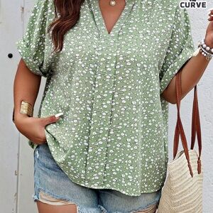 SHEIN Green Cuffed Sleeve Blouse Relaxed Fit